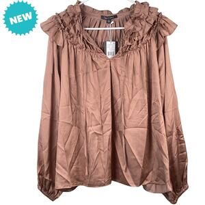 Laurel Grey Blouse Women's Size XL Lightweight Boho Tassle Tie Peasant Top Rose